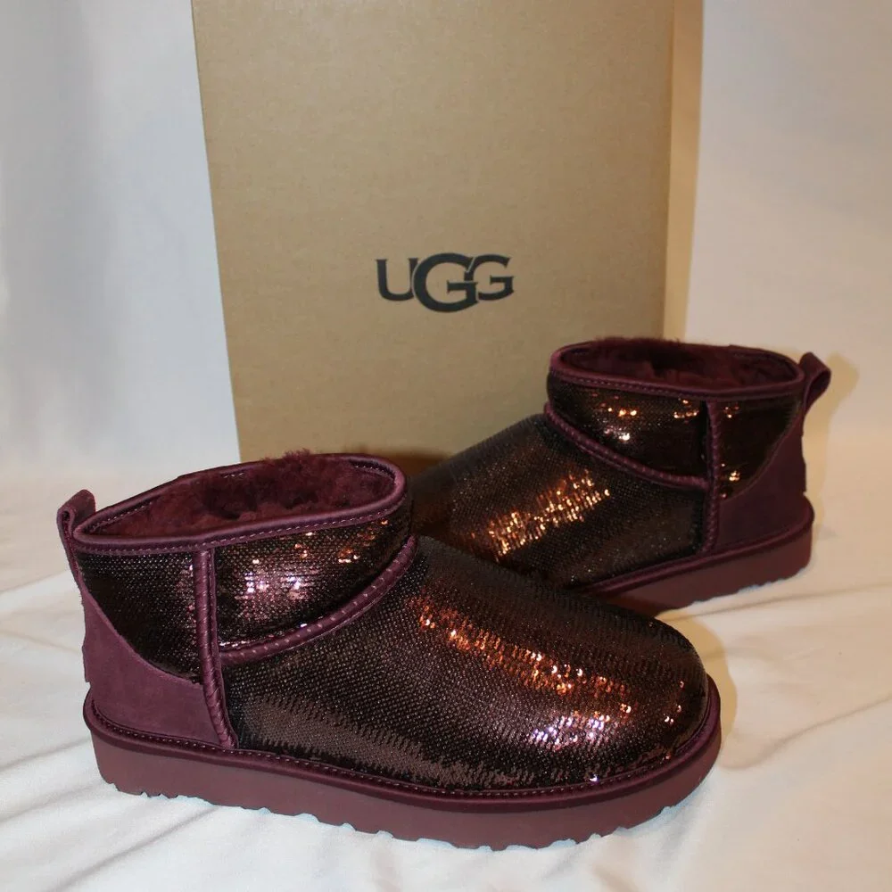 NIB UGG ULTRA MINI BURGUNDY SEQUIN SHEARLING LINED ANKLE BOOTS‎